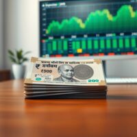 Stack of Indian rupee banknotes on a desk with a financial chart in the background