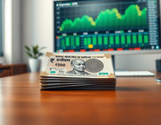 Stack of Indian rupee banknotes on a desk with a financial chart in the background