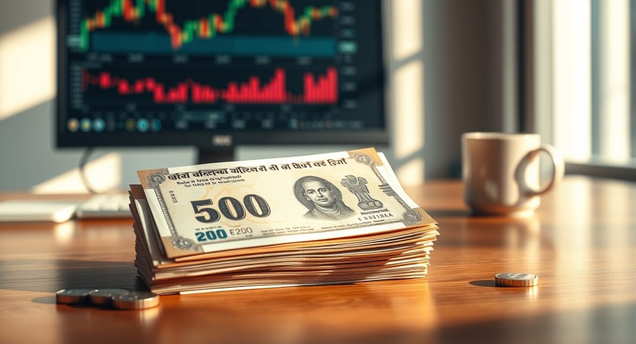 Stack of Indian rupee notes on a desk with a financial chart in the background