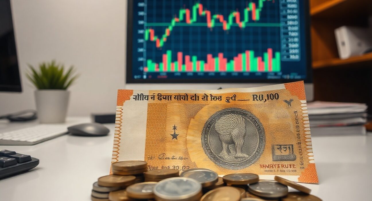 Indian Rupee notes and coins on a desk with a USD/INR chart on a monitor