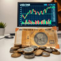 Indian Rupee notes and coins on a desk with a USD/INR chart on a monitor