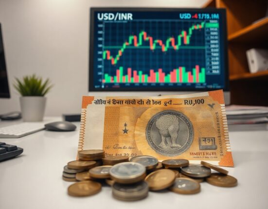 Indian Rupee notes and coins on a desk with a USD/INR chart on a monitor