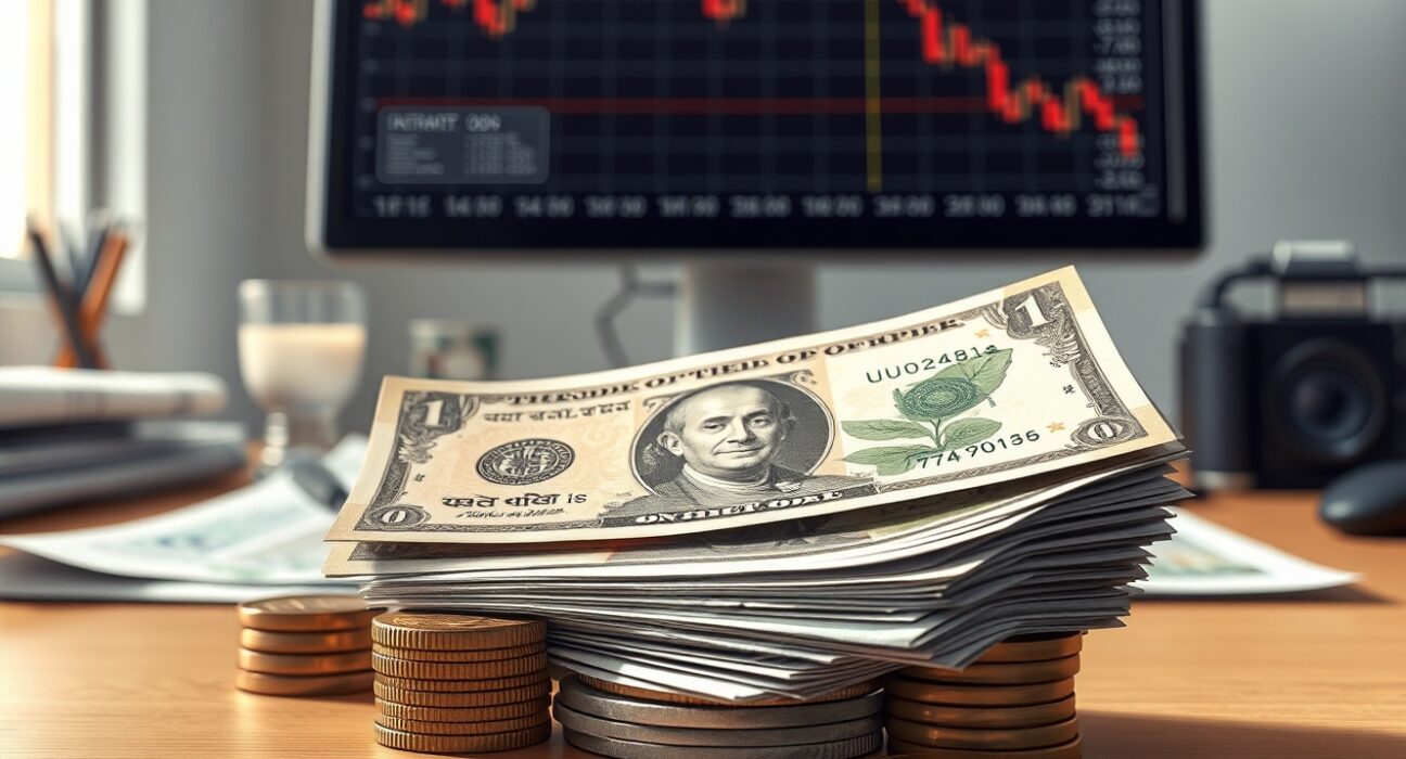 Indian Rupee notes and coins with US Dollar and forex chart in background.