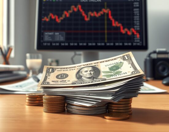 Indian Rupee notes and coins with US Dollar and forex chart in background.