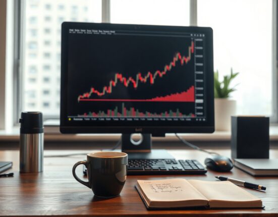 Financial analyst desk with computer showing Indian Rupee vs US Dollar chart