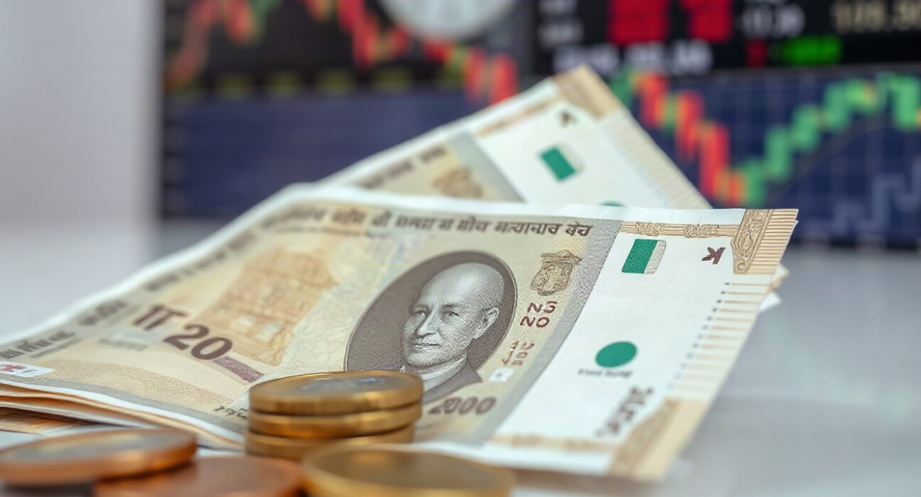 Indian Rupee banknotes and coins on a table with a blurred financial chart in the background
