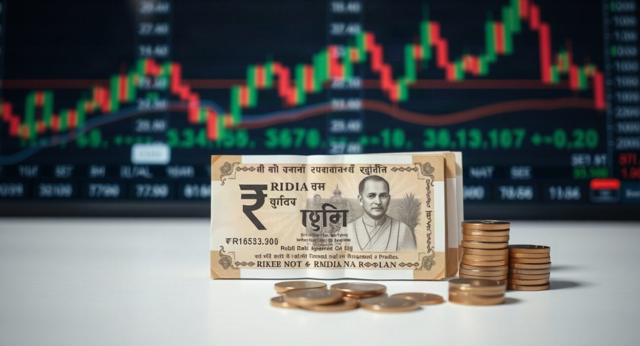 Indian Rupee banknotes and coins with a financial chart in the background
