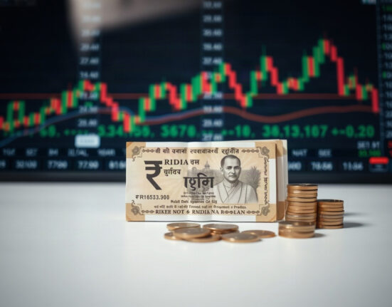 Indian Rupee banknotes and coins with a financial chart in the background