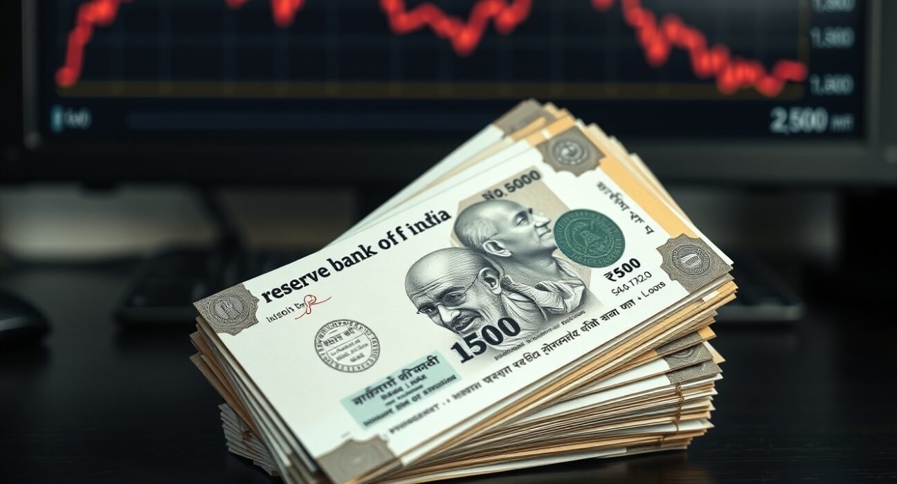 Indian Rupee banknotes analyzed amid trade deficit concerns and currency market pressure.