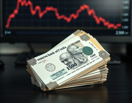 Indian Rupee banknotes analyzed amid trade deficit concerns and currency market pressure.