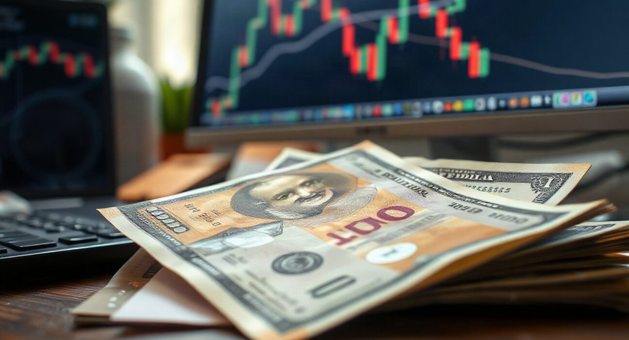 Indian Rupee notes and US Dollar bills on a financial desk with a stock chart in the background