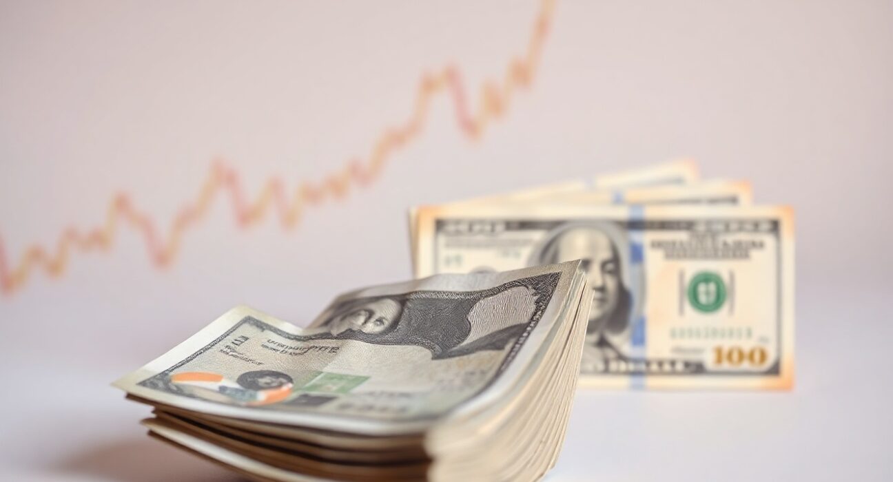 Indian Rupee and US Dollar banknotes on a neutral background, symbolizing currency exchange.