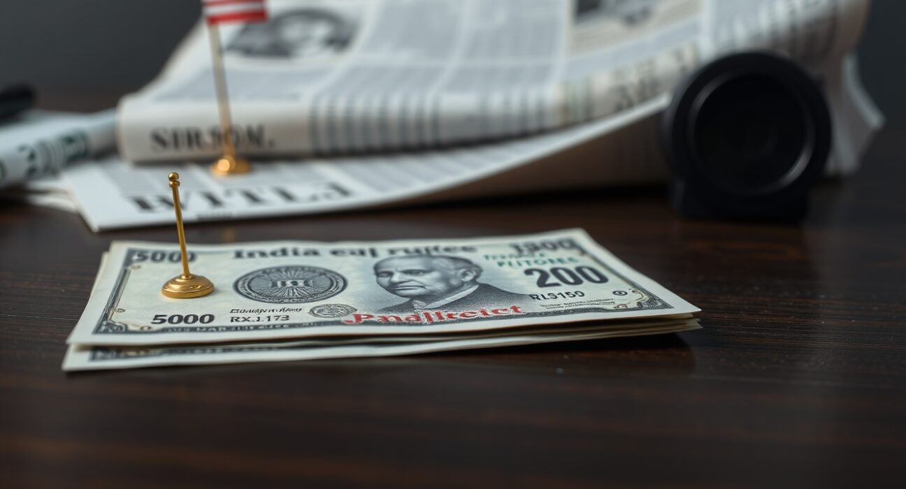 Close-up of Indian rupee banknotes on a desk with a blurred American flag and newspaper in the background