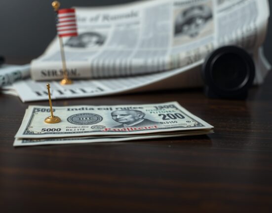 Close-up of Indian rupee banknotes on a desk with a blurred American flag and newspaper in the background