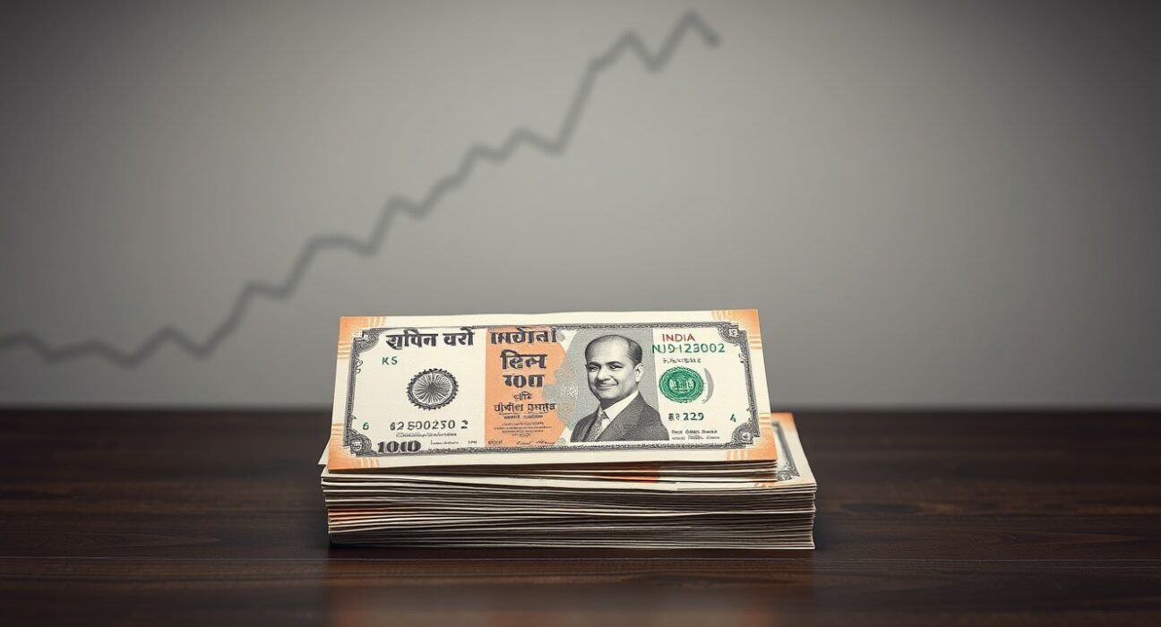 Indian rupee banknotes stacked with US dollars on a table, representing currency pressure from foreign outflows.