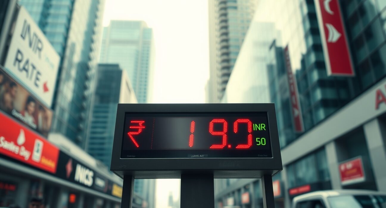 Currency exchange board showing Indian rupee rate against US dollar in Mumbai financial district
