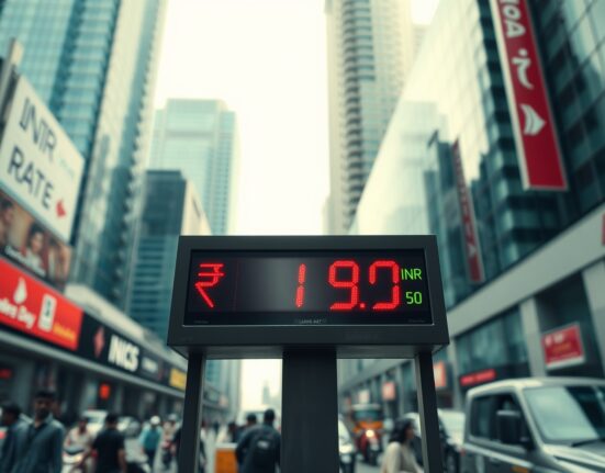 Currency exchange board showing Indian rupee rate against US dollar in Mumbai financial district