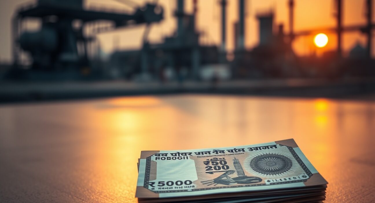 Indian rupee notes with an oil refinery in the background, illustrating the impact of high oil prices on currency.