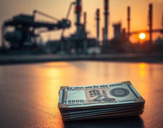 Indian rupee notes with an oil refinery in the background, illustrating the impact of high oil prices on currency.
