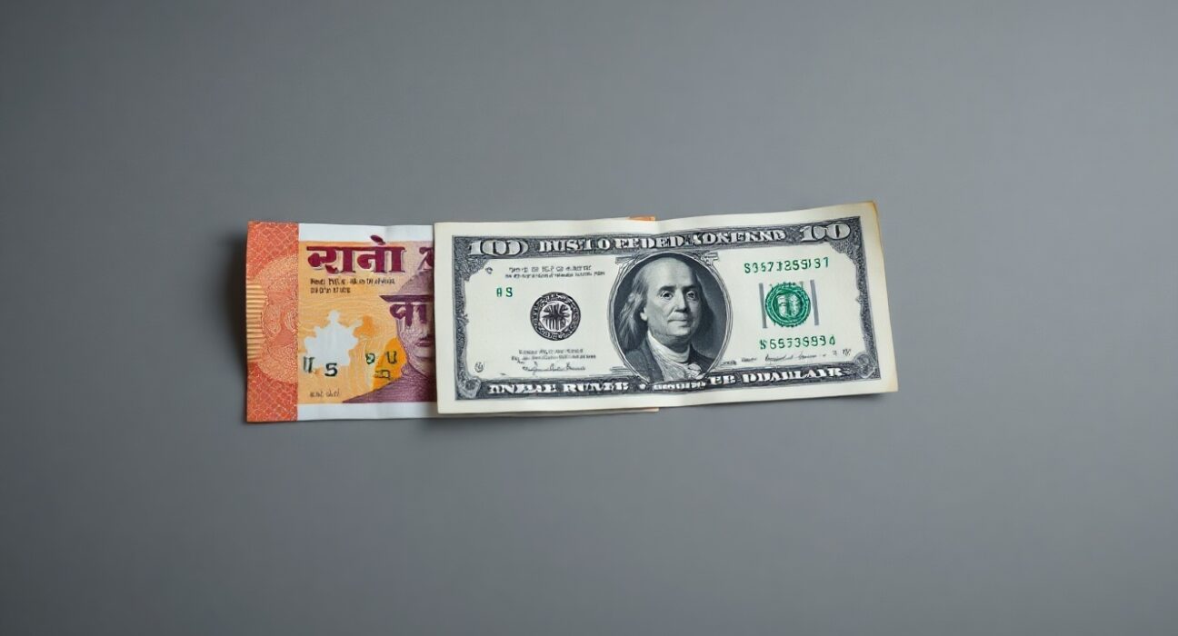 Indian Rupee and US Dollar banknotes arranged on a neutral background representing forex market dynamics