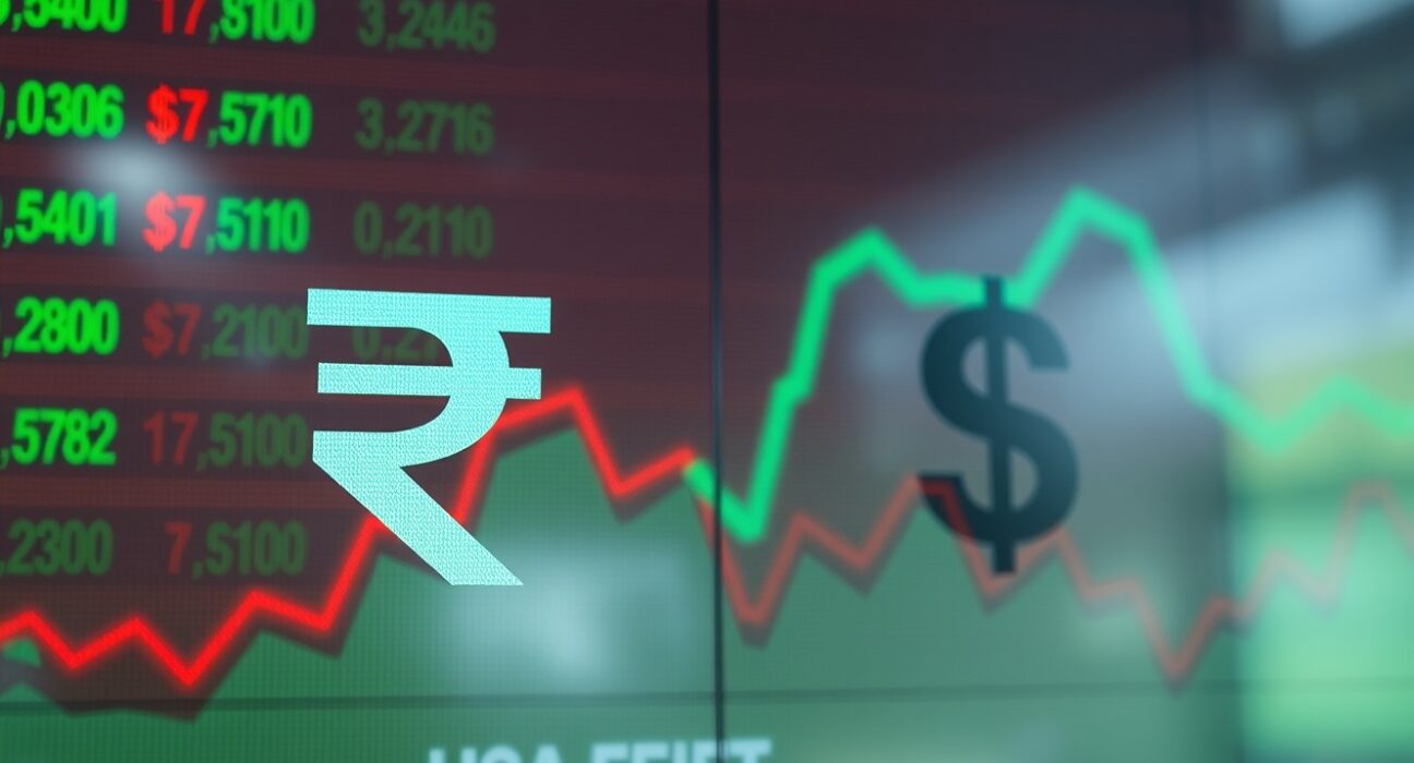 Close-up of a digital trading board showing the Indian rupee and US dollar symbols with market data in the background.