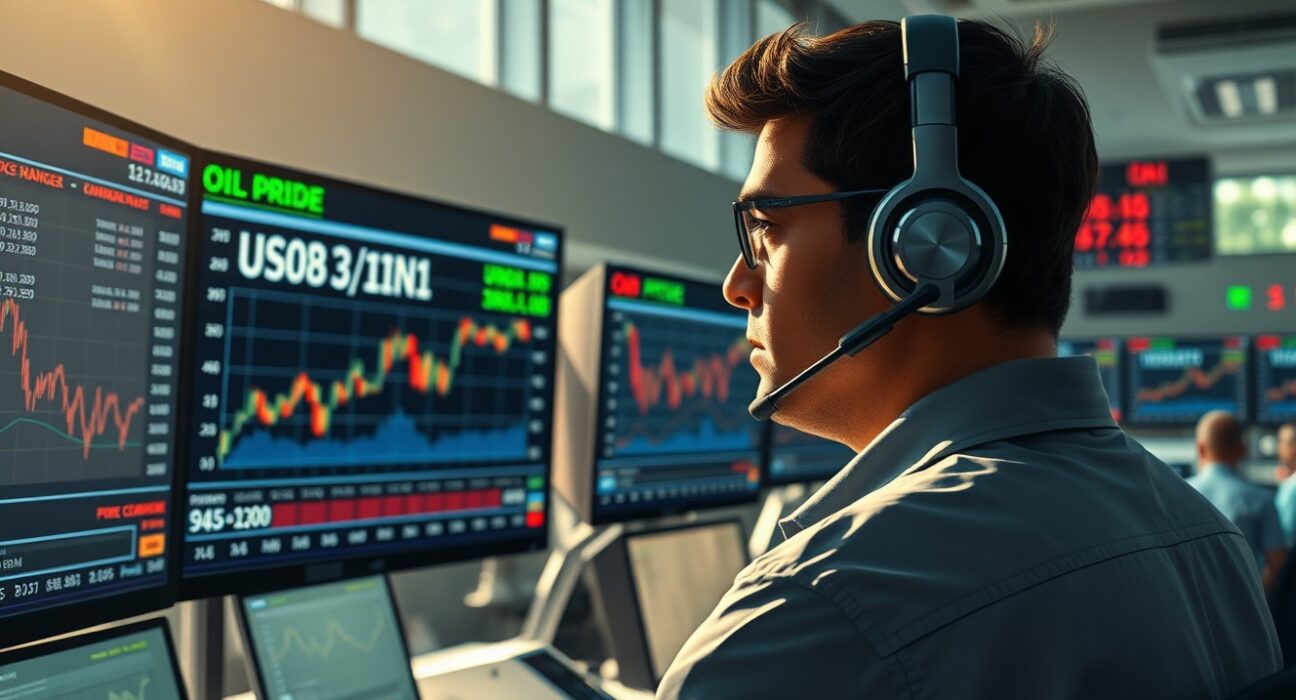 Trader monitoring Indian Rupee and US Dollar exchange rates amid rising energy prices in Mumbai financial district