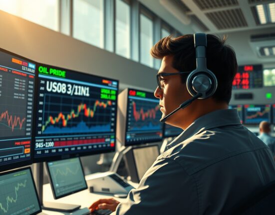 Trader monitoring Indian Rupee and US Dollar exchange rates amid rising energy prices in Mumbai financial district