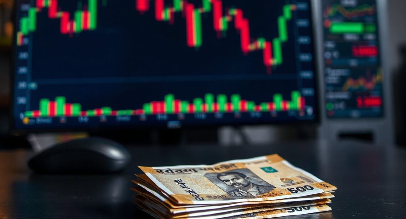 Close-up of Indian rupee banknotes with a blurred forex chart in the background.