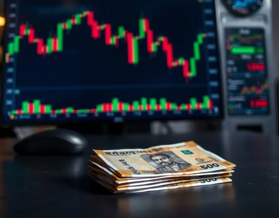 Close-up of Indian rupee banknotes with a blurred forex chart in the background.
