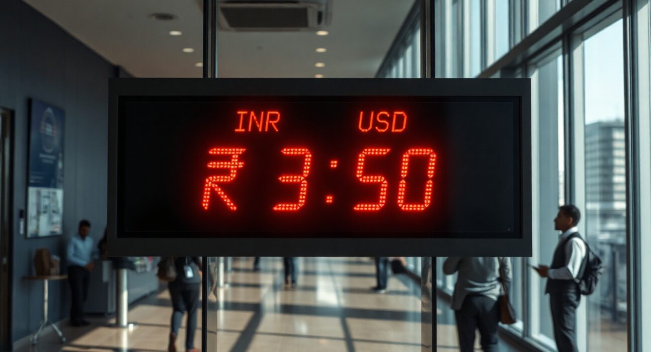 Currency exchange board in Mumbai showing Indian Rupee falling against US Dollar