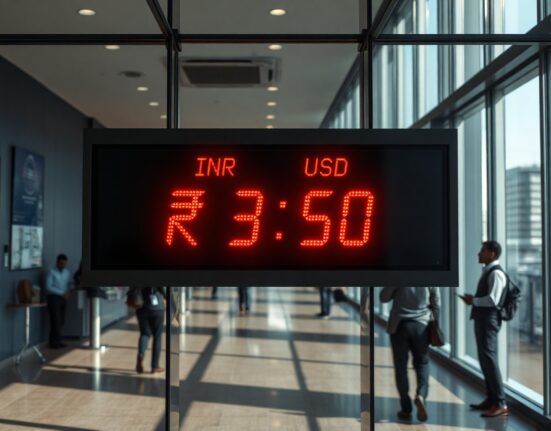 Currency exchange board in Mumbai showing Indian Rupee falling against US Dollar