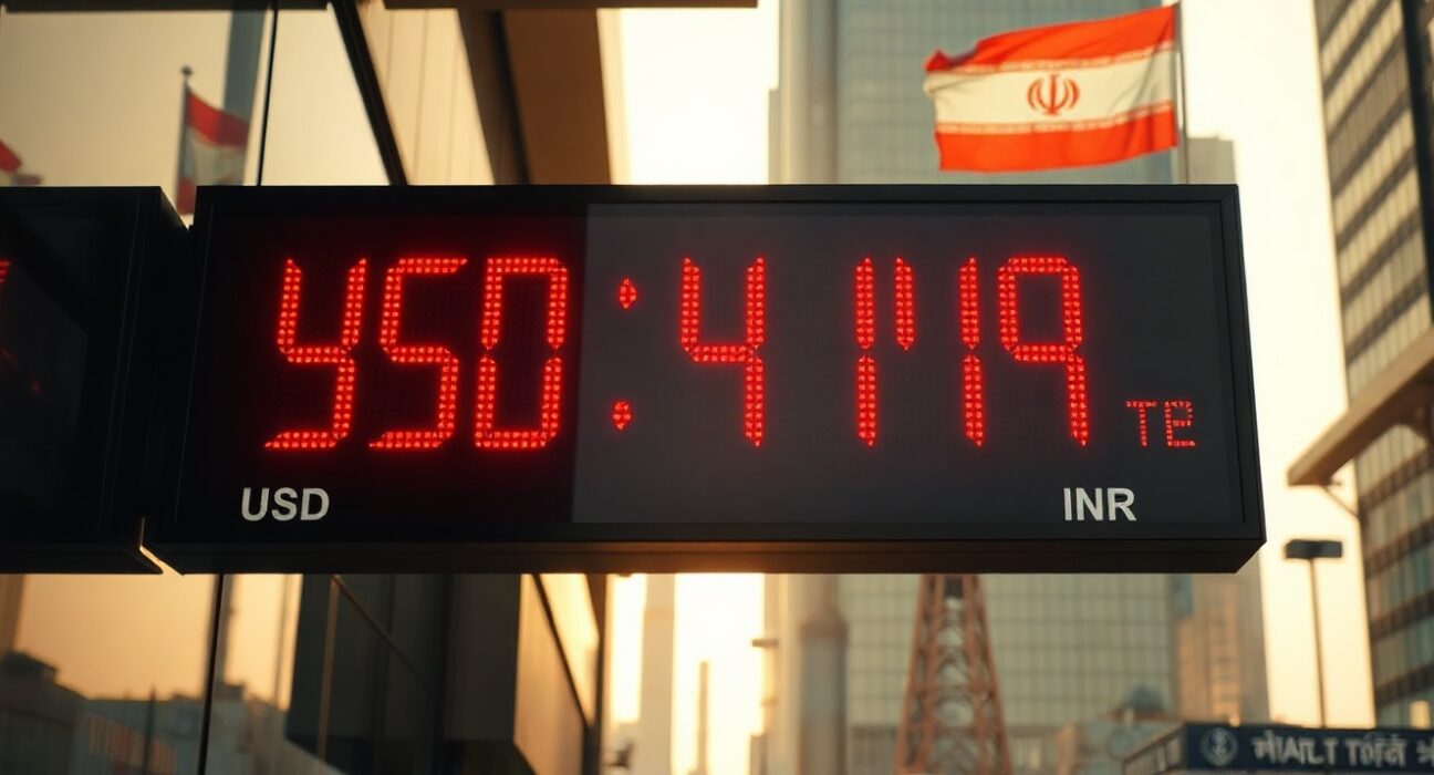 Currency exchange board showing USD/INR rates in a financial district during late afternoon