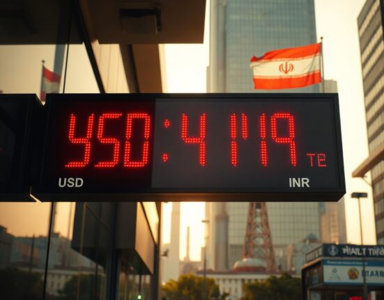 Currency exchange board showing USD/INR rates in a financial district during late afternoon