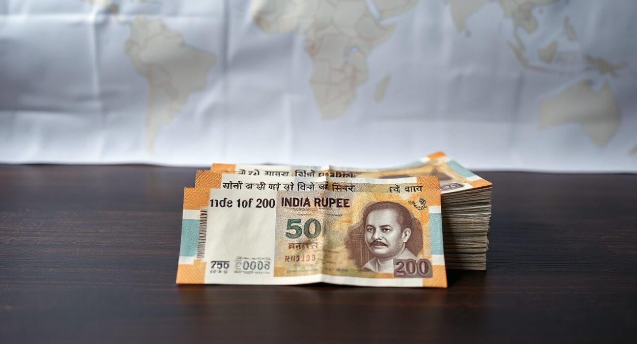 Indian Rupee banknotes on a table with a world map showing the Strait of Hormuz in the background