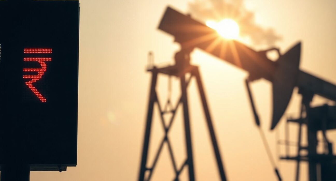 Currency exchange board showing Indian rupee decline against US dollar with oil pump jack in background
