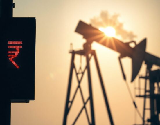 Currency exchange board showing Indian rupee decline against US dollar with oil pump jack in background