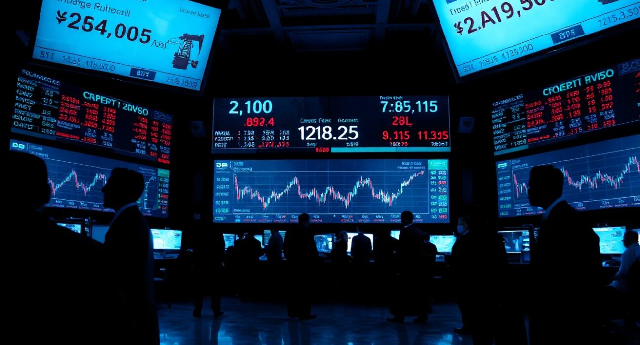 Traders on a Mumbai forex floor watching screens showing falling Rupee and rising oil prices amid US-Iran tensions