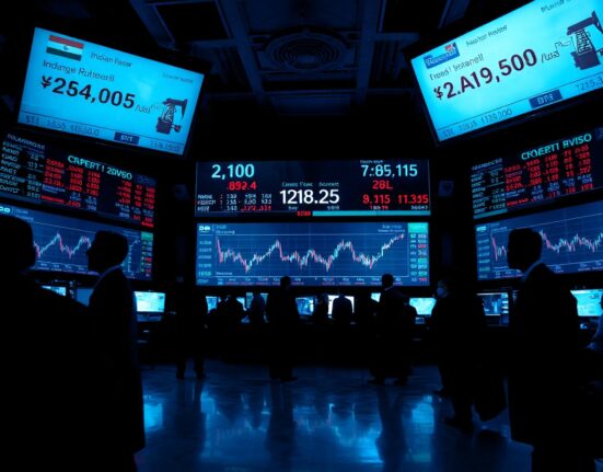 Traders on a Mumbai forex floor watching screens showing falling Rupee and rising oil prices amid US-Iran tensions