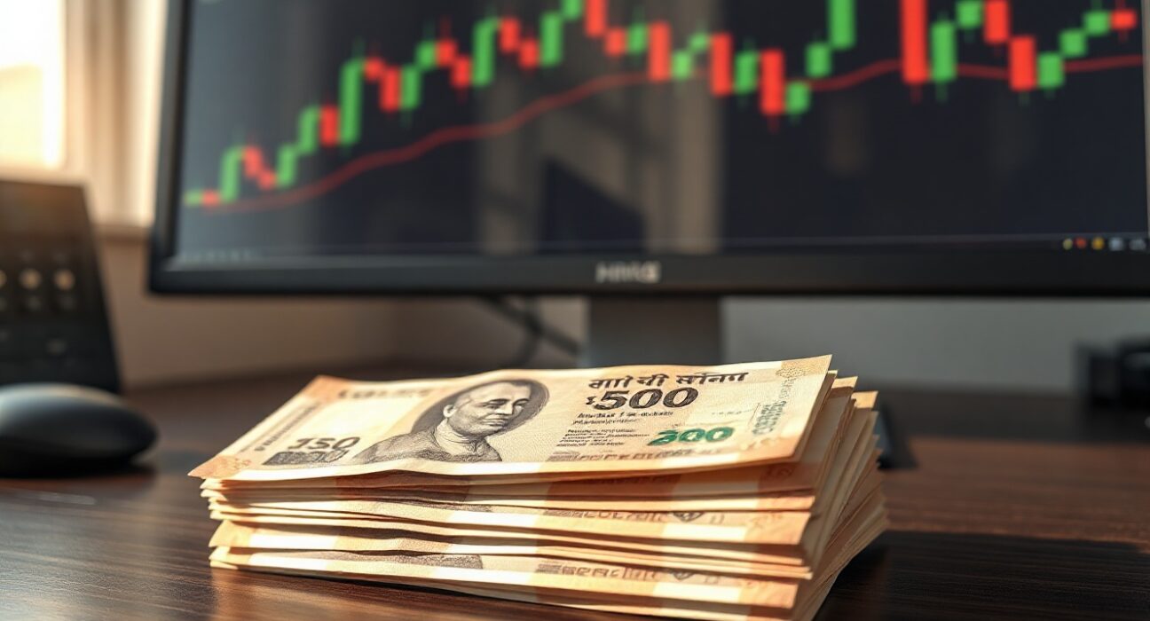 Indian rupee banknotes with a forex chart in the background representing currency volatility.
