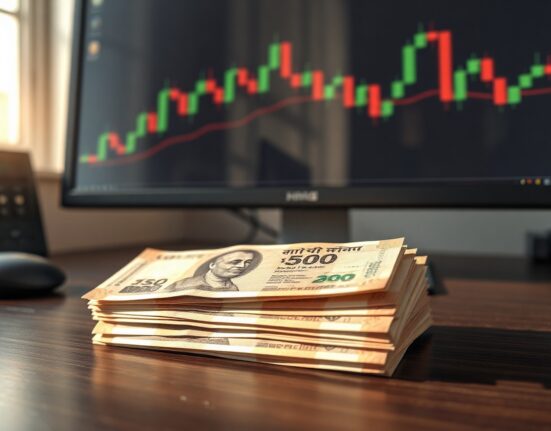Indian rupee banknotes with a forex chart in the background representing currency volatility.