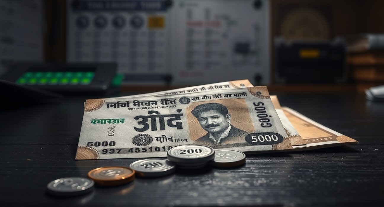 Indian rupee notes and coins arranged on a dark surface representing currency weakness
