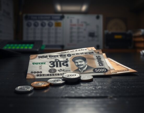 Indian rupee notes and coins arranged on a dark surface representing currency weakness