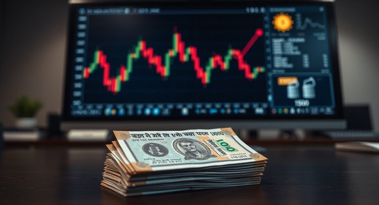 Indian Rupee banknotes on a table with a blurred background showing a USD/INR chart and oil icon.