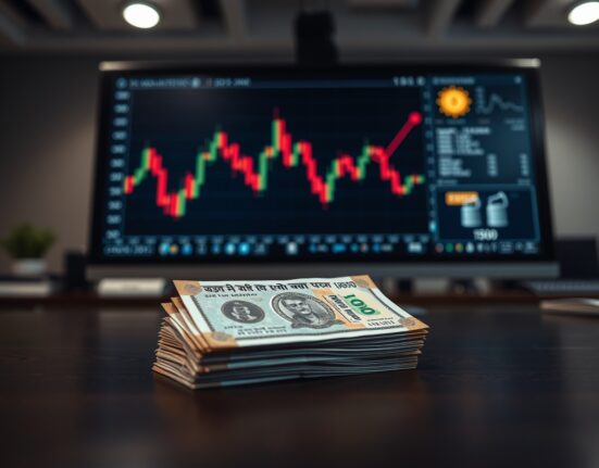 Indian Rupee banknotes on a table with a blurred background showing a USD/INR chart and oil icon.