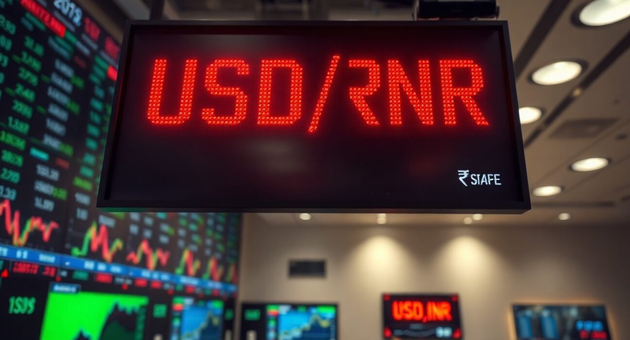 Digital display showing falling Indian rupee exchange rate against US dollar on a trading floor
