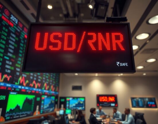 Digital display showing falling Indian rupee exchange rate against US dollar on a trading floor