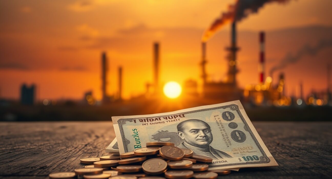 Indian rupee coins and notes with an oil refinery in the background, symbolizing economic pressure from rising oil prices.