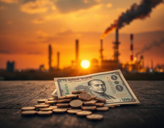 Indian rupee coins and notes with an oil refinery in the background, symbolizing economic pressure from rising oil prices.