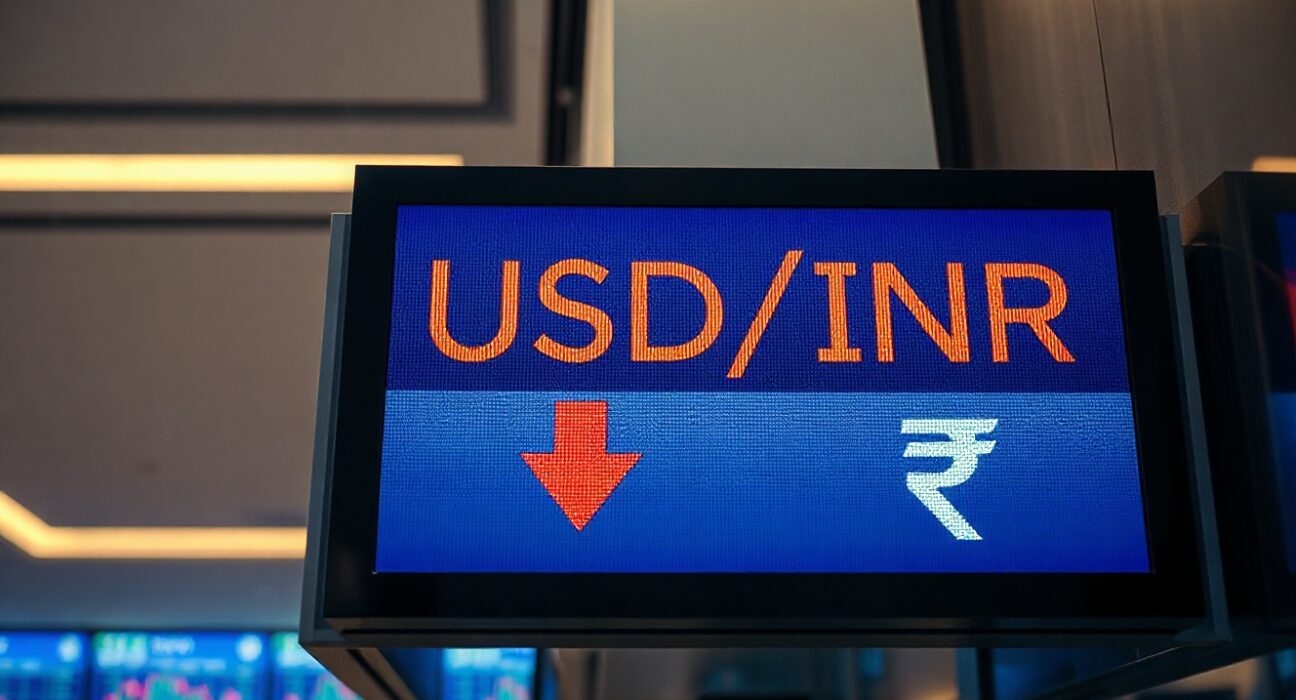 USD/INR exchange rate display showing Rupee depreciation on a trading floor screen