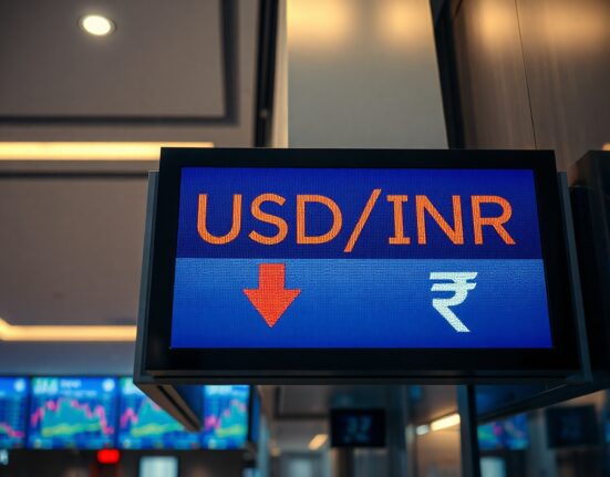 USD/INR exchange rate display showing Rupee depreciation on a trading floor screen